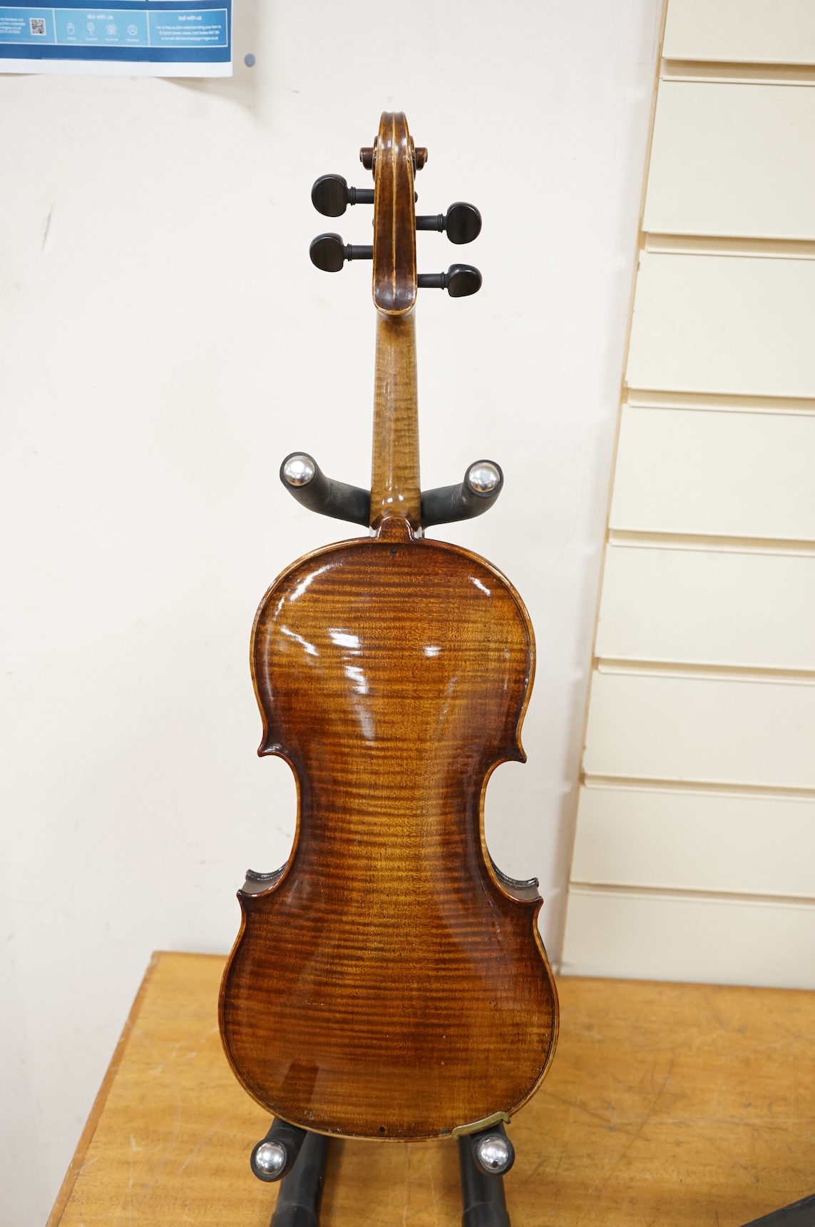 A late 19th century violin, with label for J.B. Schweitzer, 7/8 size, no bow, in case